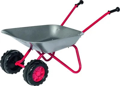 A child's metal wheelbarrow with red handles and frame, and two black wheels with red rims.