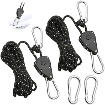 Produktbild von 5 Stück Einstellbare Seil Ratsche 4M, Seilzugratsche Grow 1/8 Zoll mit 3 Ersetzend Karabiner Metall, Windfestes Seil Schwarz für Aufhänger Pflanzenlampe Zelten