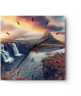 Produktbild von Wanduhr - Quadrat - Glasuhr - Wasserfall Himmel Berg - 30x30cm - Schleichendes Uhrwerk - Lautlos - zum Aufhängen bereit - Dekoration Modern - Wanddekoration aus Glas - C3AC30x30-5111