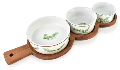 Image de Plateau de service en bois d'acacia et porcelaine « Allesken Modern Kitchen Rosmarin » 35 x 12 x 1,2 cm, naturel/blanc, lot de 4 pièces (1 plateau + 3 coupelles)