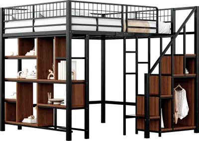 Produktbild von Multifunktionales Hochbett 140 x 200 cm, Metallbett mit Stauraum, Ablageflächen und Treppe, Erwachsenenbett und Kinderbett