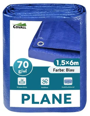 Image de Bâche avec œillets, imperméable, bleu, 1,5 m x 6 m, 70 g/m²
