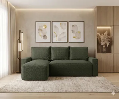 Image de Canapé d’angle HAVANA gauche vert foncé bouclé Quelle 37 - fonction couchage, coffre de rangement pour la literie