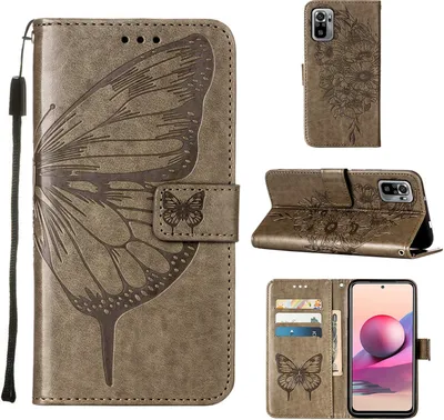 Produktbild von Redmi Note 10S Hülle, Schmetterling Prägung Flip Leder Kartenfächer Schutzhülle Ledertasche mit Ständer für Xiaomi Redmi Note 10S / Note 10 4G Grau