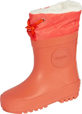 A single orange winter boot with a white fuzzy lining.