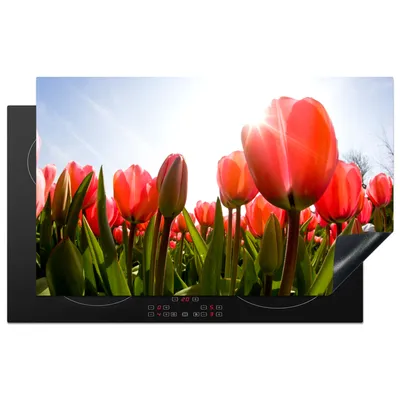 Produktbild von KitchenYeah© Herdabdeckplatte Blumen - Tulpen - Sonne , 83x51cm, Küche Deko, Glaskeramikkochfeld Herdabdeckung, Abdeckplatte fùr Kochfeld