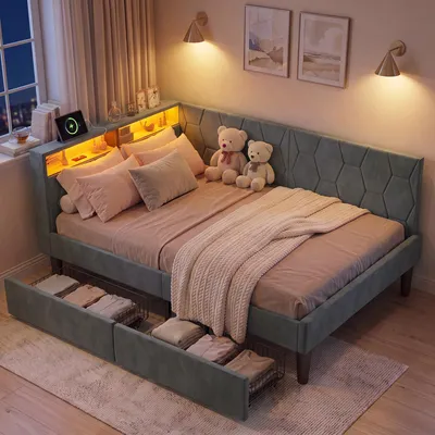 Image de UnboxG, lit avec tête de lit rembourrée 90x200 cm, revêtement en velours, avec 2 tiroirs, éclairage LED, ports de charge USB et Type-C, lit coffre, convertible en canapé, sommier à lattes, couleur gris