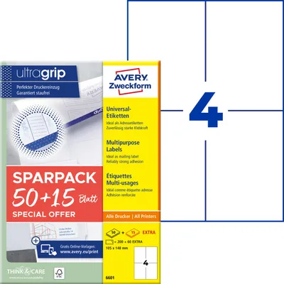 Produktbild von Avery Zweckform 6601, Universal-Etiketten, A4, Qualitätsdruck mit: ultragrip, 105 x 148 mm, 260 Etiketten / 65 Bögen, weiß