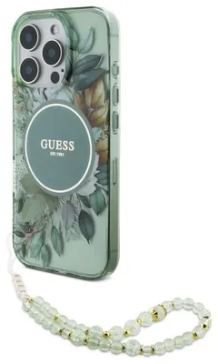 Zdjęcie produktu dla Etui Guess IML Flowers Pearl Strap MagSafe do iPhone 16 Pro Max zielony