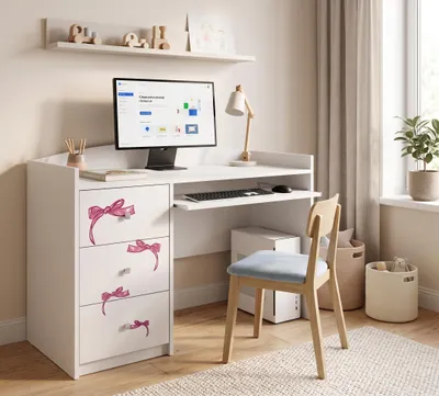 Produktbild von Weißer Kinderschreibtisch mit Schublade und Schrankfach, Schülerschreibtisch für Jungen & Mädchen, PC-Tisch Lerntisch mit Motiv, KI-generiertes Bild