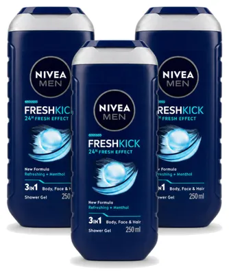 Imagen del producto de 3 unidades de gel de ducha 3 en 1 Nivea Men Fresh Kick - 250 ml - Paquete económico