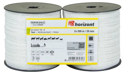 Produktbild von horizont Weidezaunband farmer T20-W im Doppelpack, 200 m lang, 20 mm breit, Breitband Litze, Weidezaun Strom, Elektrozaun, für kurze Zäune, 90 kg Bruchlast, Band, Litze Weidezaun