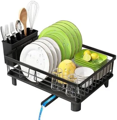 Produktbild von Abtropfgestell Geschirr mit Abtropfschale, Edelstahl Geschirrabtropfgestell, Abtropfgestell für Spülbecken mit Abtropffläche und Drehbarem Auslauf, Geschirr Abtropfständer, Schwarz