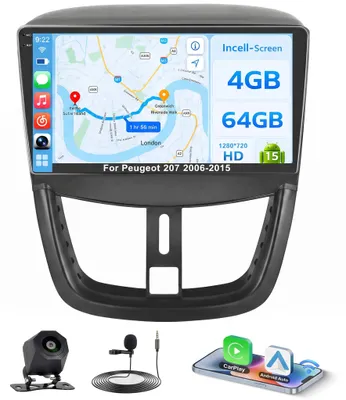 Obrázok produktu pre 4G+64G Android 15 autorádio pre Peugeot 207, 9-palcový dotykový displej, bezdrôtové pripojenie Carplay