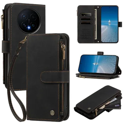 Produktbild von Handyhülle für Honor Magic8, Leder Klapphülle mit Kartenfächern, Reißverschlussfach und Handschlaufe Schwarz