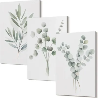 Produktbild von Leinwandbild – Wandbild – Leinwandbilder – Kunstdruck – Polycanvas – Modern – Mehrteilig – 3-Teilig Set – Hochwertig – Geruchslos – Lichtecht – Fertig Aufgespannt – 20x30 Cm Je Teil - Pflanzenmuster in Grün- und Grautönen