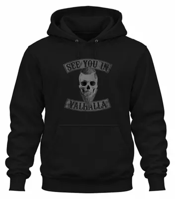 Imagen del producto de Sudadera con capucha uni, diseño "See You In Valhalla", con motivos de calavera, runas vikingas y el símbolo Vegvisir, color , talla 3XL