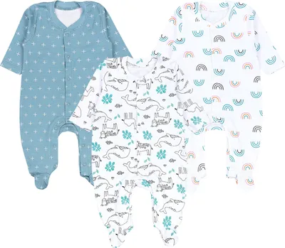 Produktbild von TupTam Baby Mädchen Schlafstrampler mit Fuß 3er Pack, Farbe: Weiß Grün Regenbogen Tiere , Größe: 50