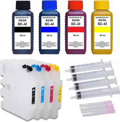 Image de Cartouches d'encre rechargeables compatibles avec Ricoh GC-41 + 400 ml d'encre de recharge noir cyan magenta jaune pour SG 3100, SG 3110, SG 3120, SG 7100