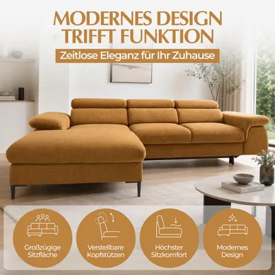 Produktbild von GOLDSTOFF Ecksofa mit Schlaffunktion & Bettkasten | LARGO Sofa L-Form mit Wellenfederkern, bezug & verstellbaren Kopfstützen (amberfarben)