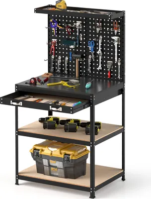 Produktbild von GOPLUS Werkbank mit Lochwand, Arbeitstisch aus Metall mit 225kg Tragfähigkeit, Werktisch Schwerlast für Werkstatt, Garage & Lagerhaus (Schwarz, M)