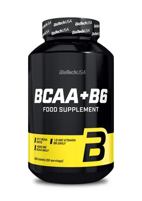 A black bottle of BioTech USA BCAA+B6 food supplement.