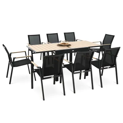A dining set with a table and chairs on a white background.