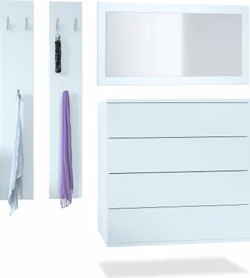 Produktbild von Vladon Garderoben-Set Hollywood, bestehend aus 1 Kommode mit 4 Schubkästen, 1 Spiegel und 1 Wandpaneel Set, Weiß matt/Weiß matt