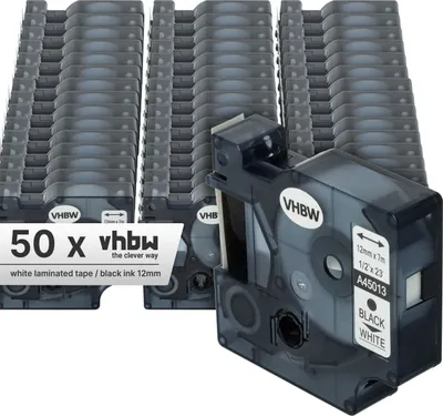 Produktbild von vhbw 50x Schriftband-Kassette kompatibel mit Dymo LabelManager 100, 210D, 120P, 200, 260P, 100 Plus, 160 Etiketten-Drucker 7m x 12mm Schwarz auf Weiß