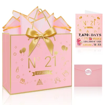 Productafbeelding van Geschenktasje voor 21e verjaardag met accessoires in roze en goud