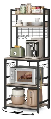 Zdjęcie produktu dla Półka kuchenna z gniazdkami elektrycznymi i haczykami na mikrofalówkę | Kolor: beżowo-czarny | Wymiary: 60x40x170 cm