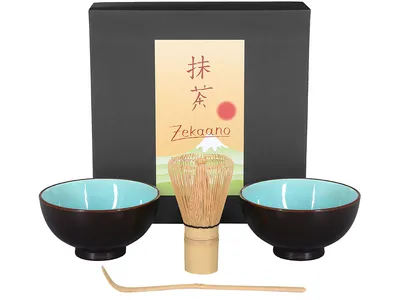 Produktbild von Matcha Set / Matchaset / 2x Matcha Schale 250ml, himmelblau, mit Besen und Löffel in Geschenkbox