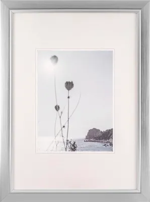 A framed picture of a coastal landscape with dried flowers in the foreground.