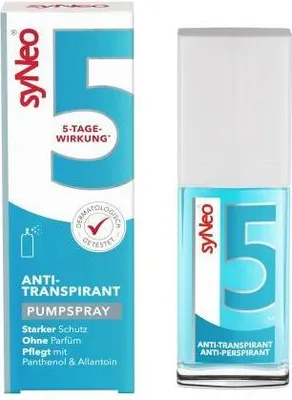 A product shot of a box and a bottle of syNeo 5 Antitranspirant Pumpspray.