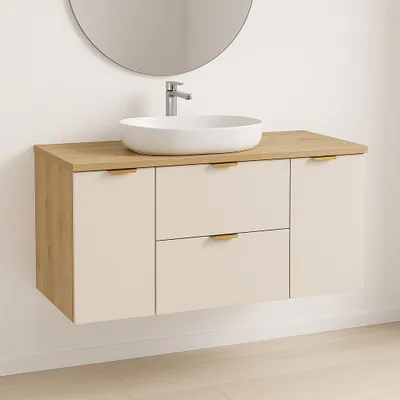 Produktbild von WENA Waschtischunterschrank 120 cm, gerade Fronten, Griffe aus Metall in der Farbe Gold (Farbe: Kaschmir/Eiche)