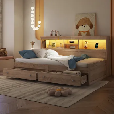 Produktbild von Flieks Schlafsofa Tagesbett Holzbett mit Ladefunktion, Jugendbett Einzelbett mit 2 Schubladen, Sofabett Daybed Funktionsbett Gästebett mit LED, Holz