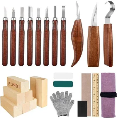 Produktbild von 29-teilige Holzschneidereihe mit 11 Schneidmessern, 10 Holzblöcken und schneidbeständigen Handschuhen - für Anfänger und Profis