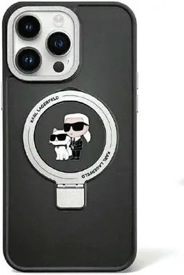 A black iPhone 13 Pro case with a Karl Lagerfeld design and a ring stand.