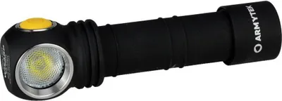 A black ArmyTek flashlight with a yellow button and a silver light emitter is shown against a white background.