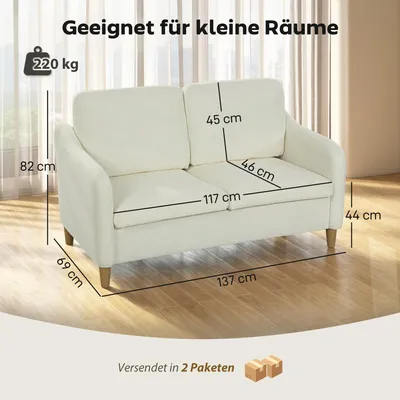 Productafbeelding van HOMCOM Tweezitsbank, kleine bank van 137 cm met een uitstraling van Sherpa-vacht, crèmekleurig