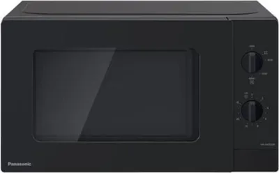A black Panasonic microwave oven is shown from the front against a white background.