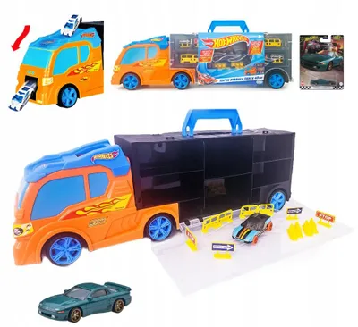 Produktbild von Hot Wheels LKW Autotransporter mit 2 Autos und Zubehör