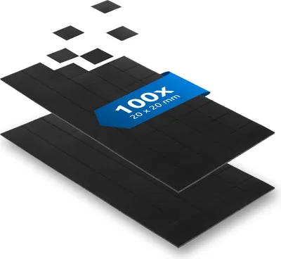 A stack of black square magnets with a blue banner indicating quantity and size.