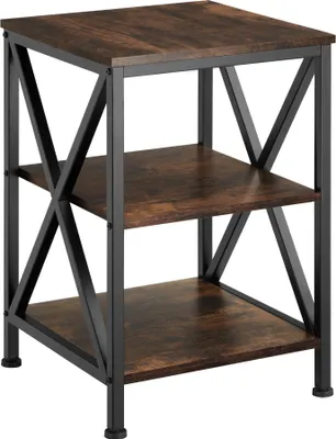 A three-tiered side table with a dark wood grain finish and black metal frame.