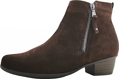 A side view of a brown suede ankle boot with a zipper.