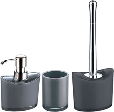 Produktbild von MSV Badezimmer Set Manihi, 3-teiliges Badzubehör aus Acryl, Seifenspender, WC Bürste, und Zahnputzbecher Grau