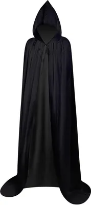 A black hooded cape is displayed against a white background.