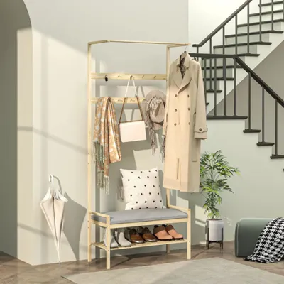 Produktbild von Garderobenständer, Garderobe mit Schuhbank, Kleiderstange, 10 Kleiderhaken, Schuhablage