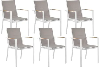 Produktbild von BELIANI Gartenstuhl 6er Set Weiß Aluminium mit Bespannung Grau Stoff Armlehnen Holzoptik Stapelbar Modern Outdoor Indoor Terrasse Balkon Ausstattung