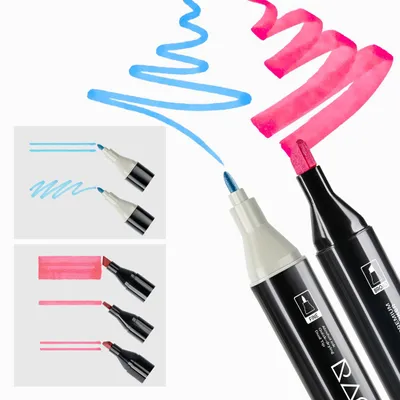 Close-up of two markers with ink lines drawn on a white background.